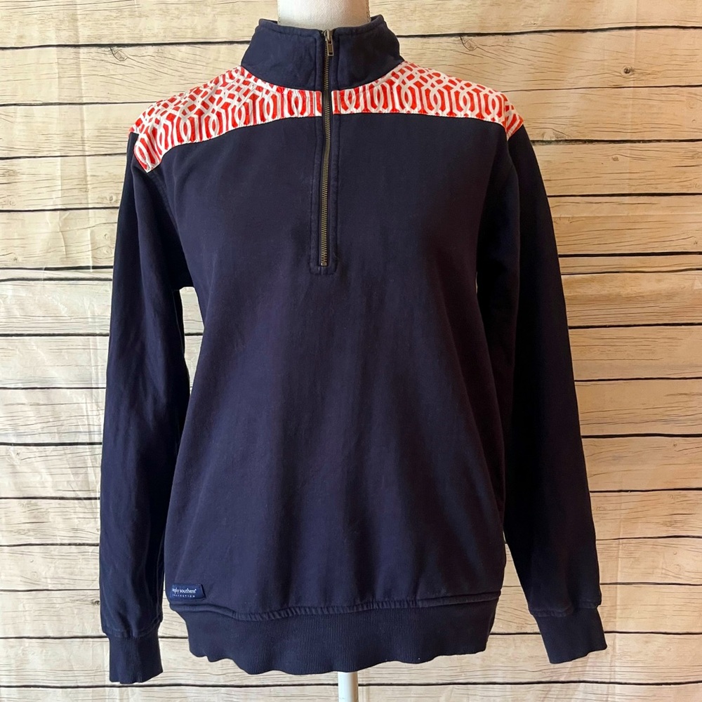 Simply‎ Southern Sweater Women Blue Small Zip Up Pullover Elbow Patch Spellout